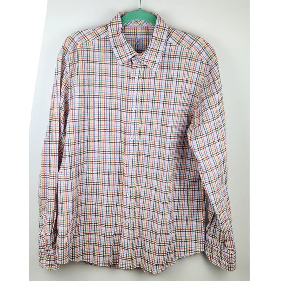 Bugatchi Uomo Linen Cotton Rainbow Plaid Shaped Fit Button Up Shirt sz L - Picture 1 of 9